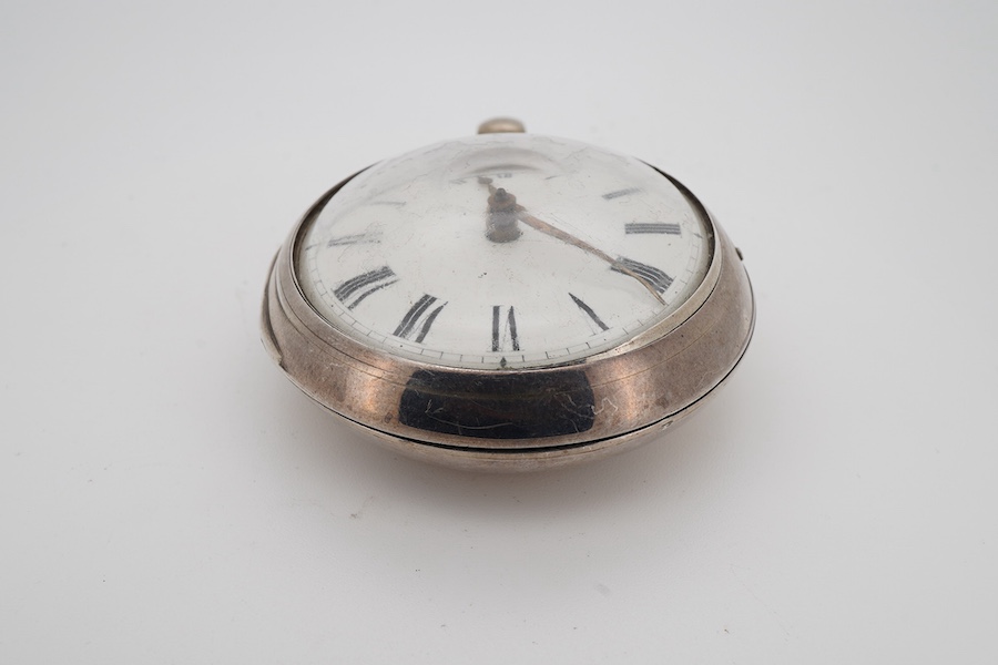 A George III silver pair cased verge pocket watch, by James Taylor of London, with Roman dial, the signed movement numbered 72607, case diameter 52mm.